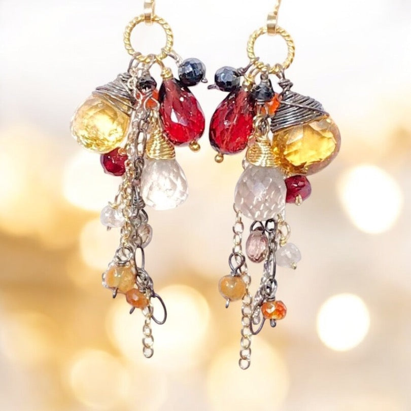 Multi Gemstone Dangle Earrings Garnet Citrine Mixed Metal