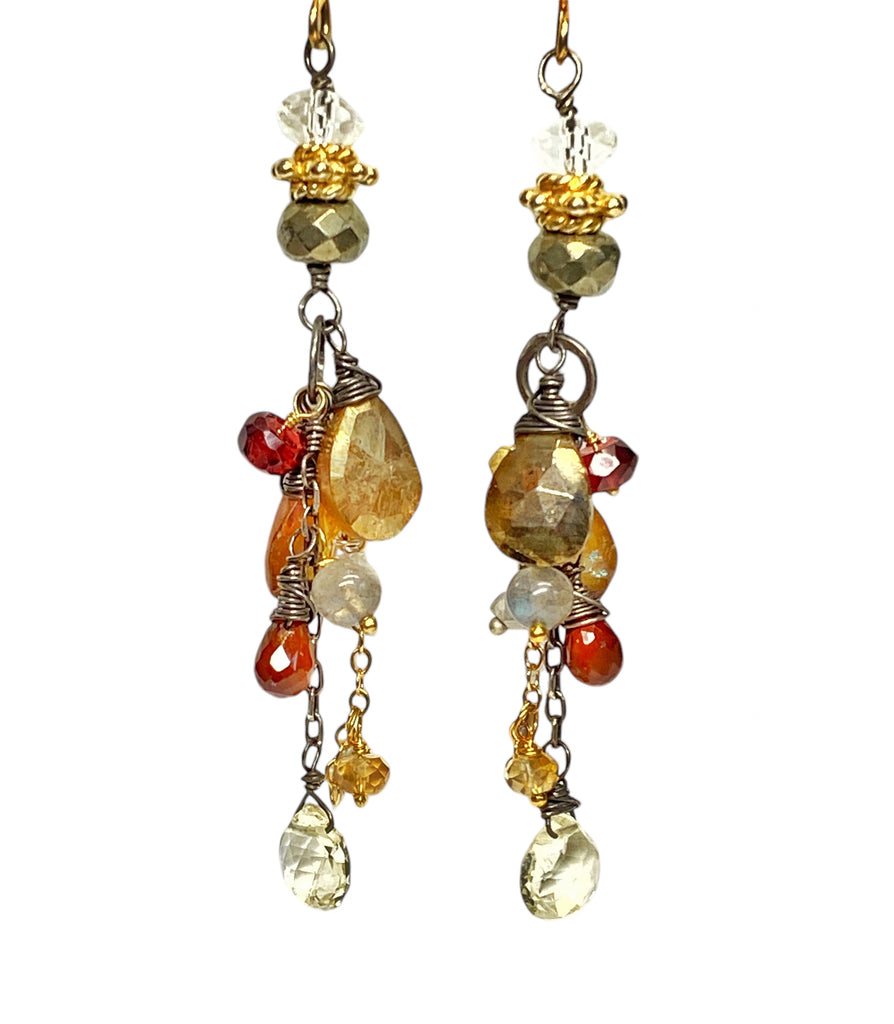 Pyrite Garnet Mixed Metal Long Dangle Earrings