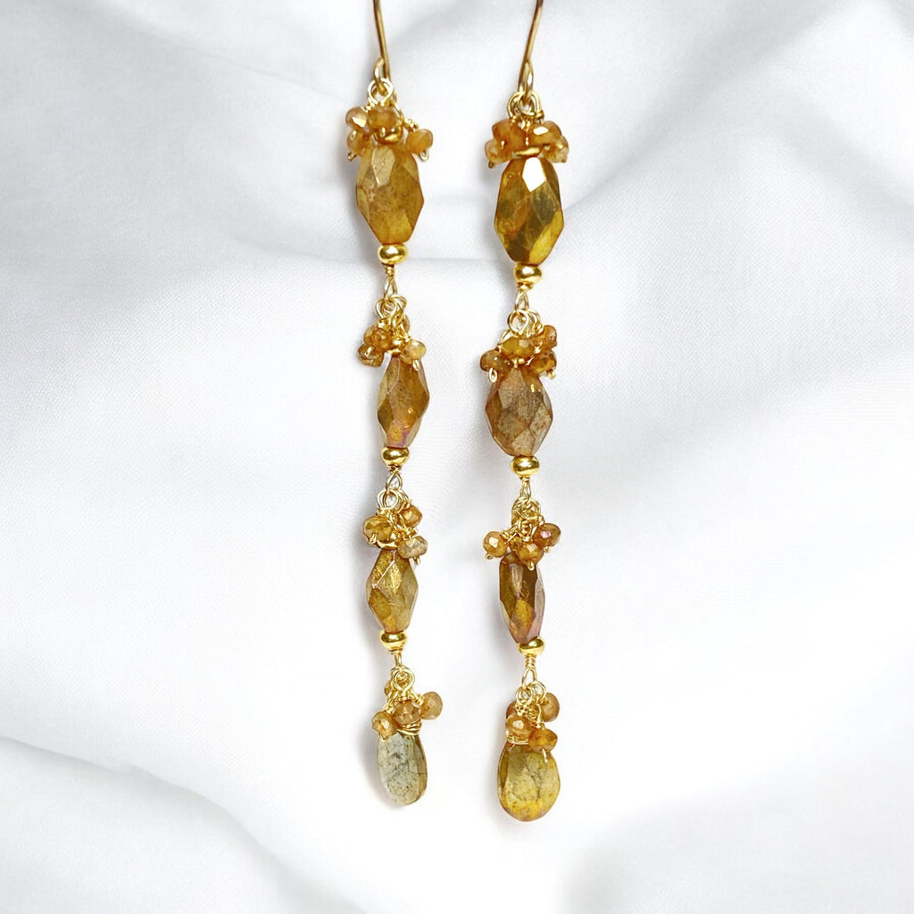 Mystic Gold Labradorite Long Dangle Earrings Gold Fill