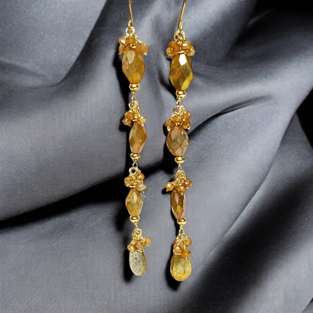 Mystic Gold Labradorite Long Dangle Earrings Gold Fill