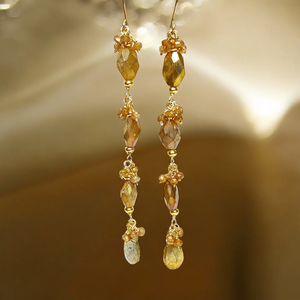 Mystic Gold Labradorite Long Dangle Earrings Gold Fill