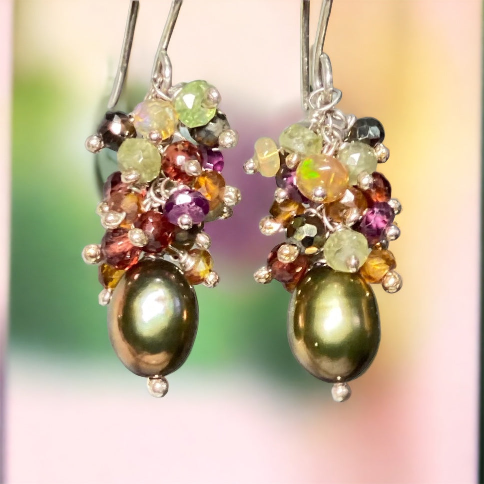 Olive Green Pearl Gemstone Cluster Earrings Sterling Silver with Opals