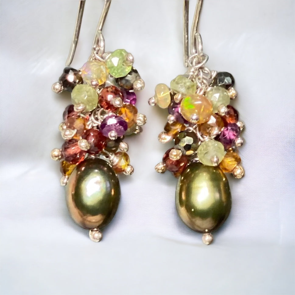 Olive Green Pearl Gemstone Cluster Earrings Sterling Silver with Opals