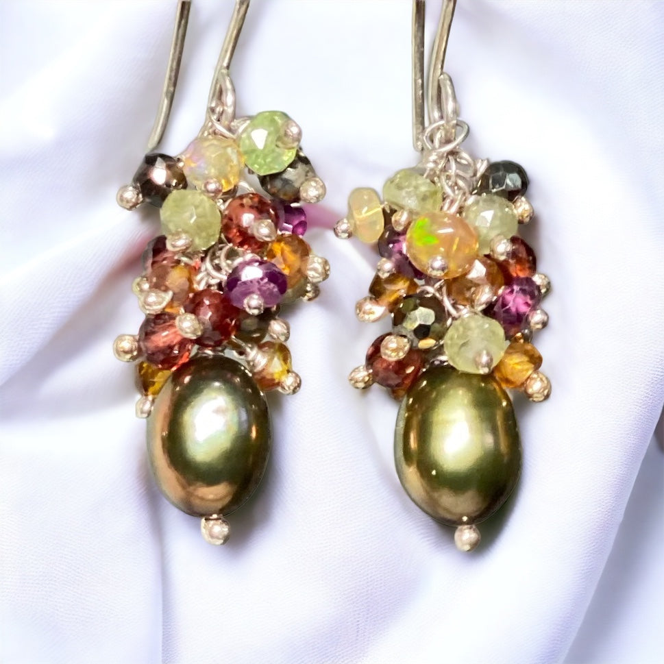 Olive Green Pearl Gemstone Cluster Earrings Sterling Silver with Opals
