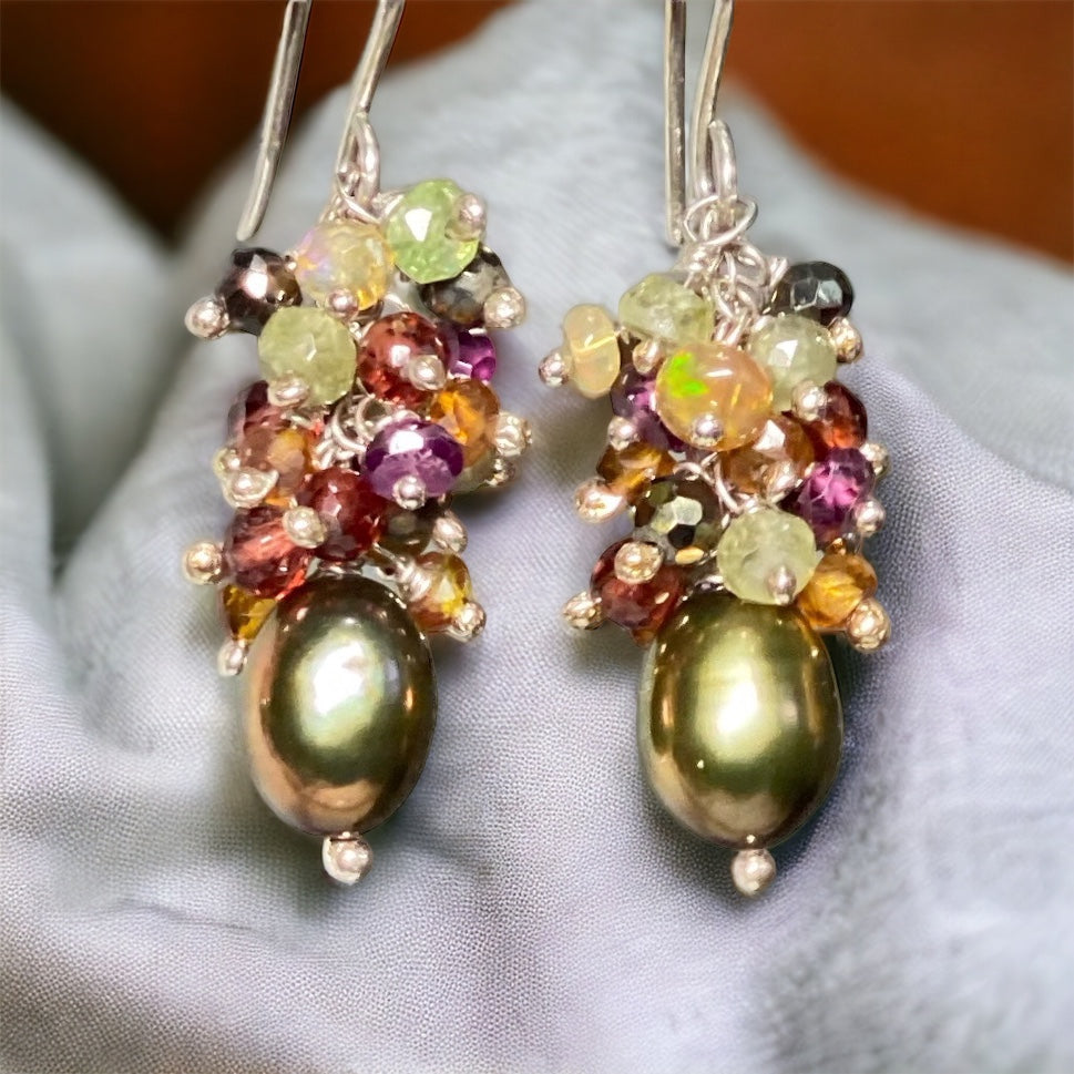Olive Green Pearl Gemstone Cluster Earrings Sterling Silver with Opals