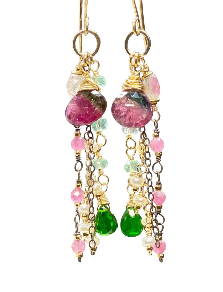 Bicolor Rubellite Tourmaline Briolette and Mixed Metal Gemstone Dangle Earrings