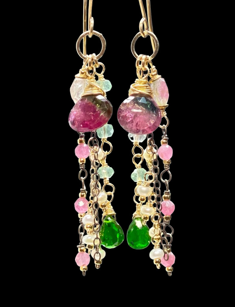 Bicolor Rubellite Tourmaline Briolette and Mixed Metal Gemstone Dangle Earrings