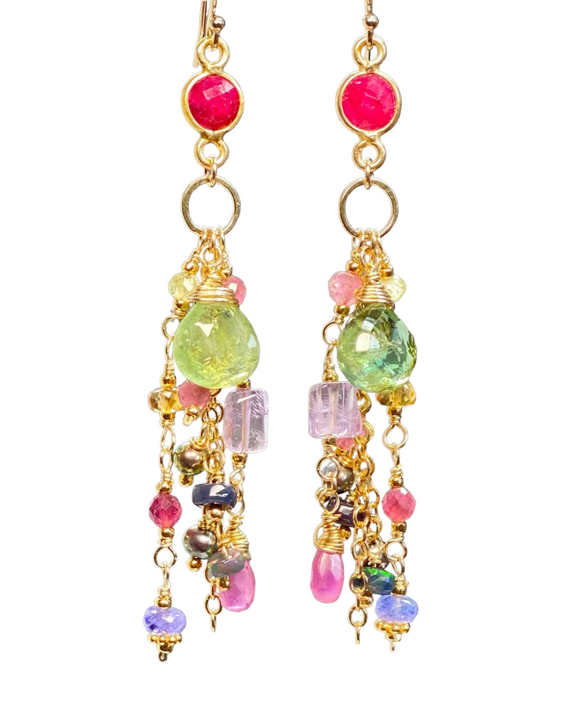 Green Tourmaline Colorful Gemstone Dangle Earrings in  Gold Fill