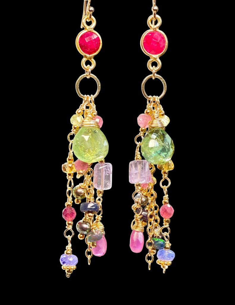 Green Tourmaline Colorful Gemstone Dangle Earrings in  Gold Fill