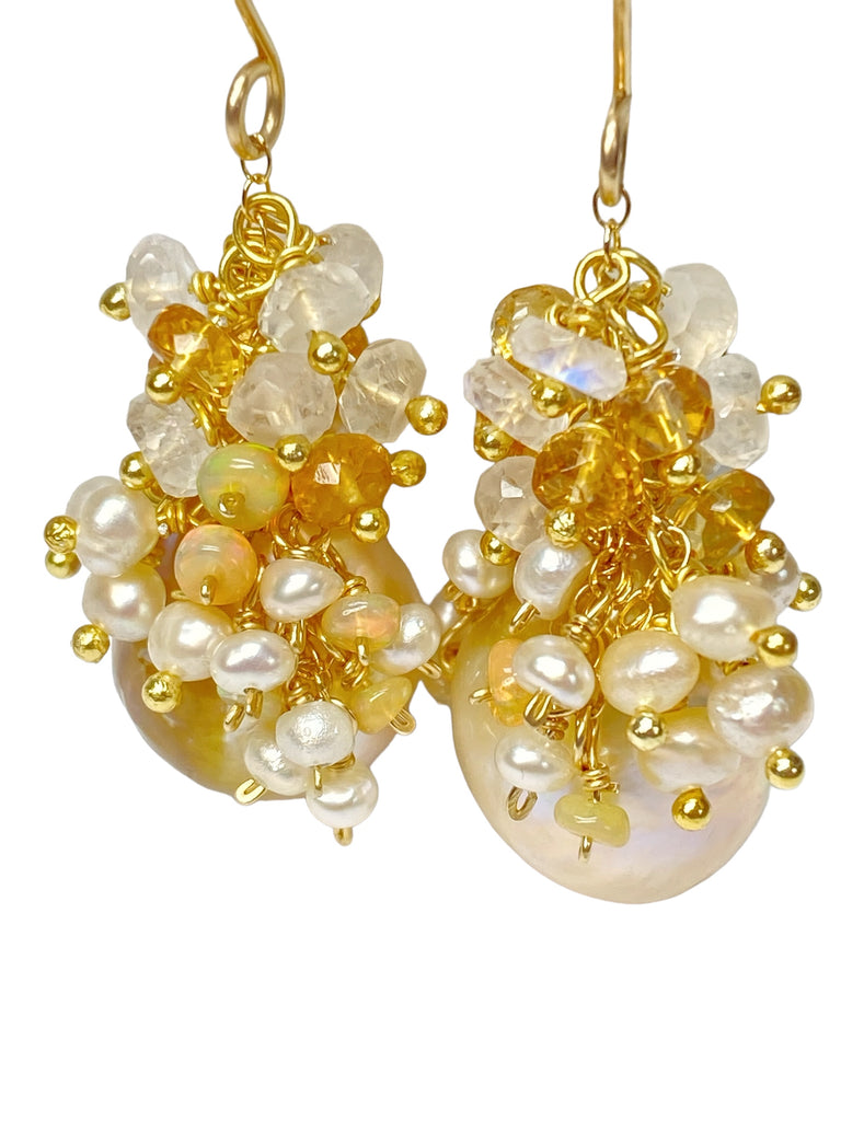 Baroque Pond Slime Pearl Cluster Earring with Citrine, Opal, Moonstone