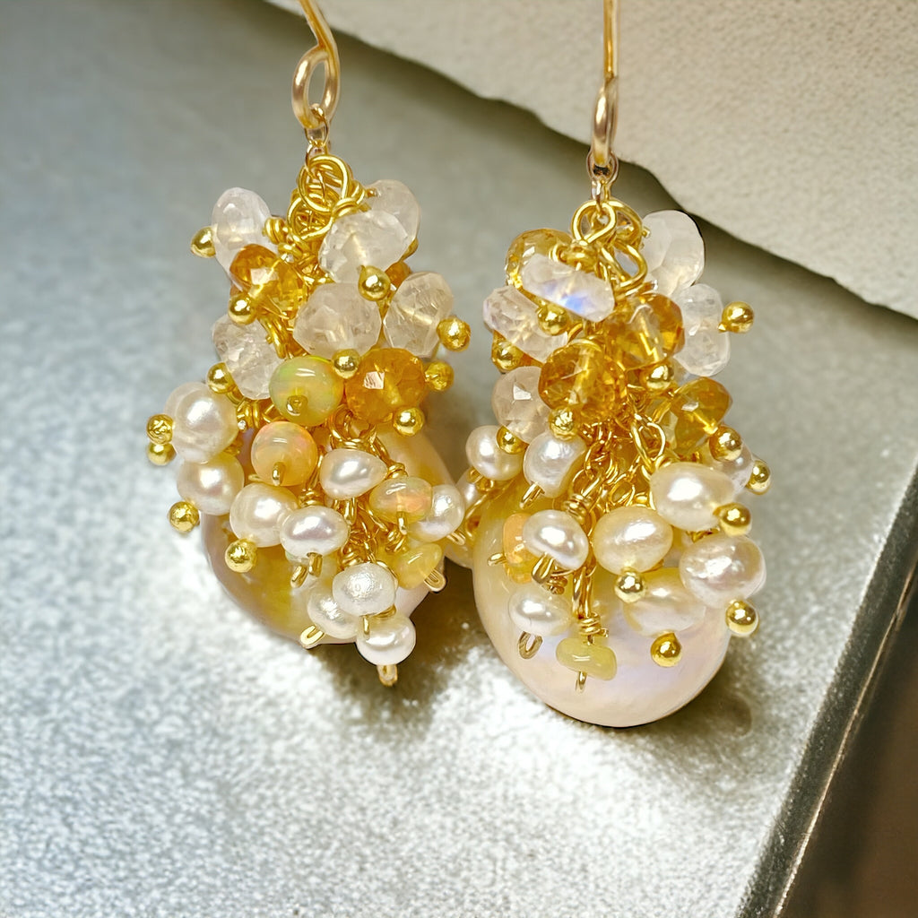 Baroque Pond Slime Pearl Cluster Earring with Citrine, Opal, Moonstone