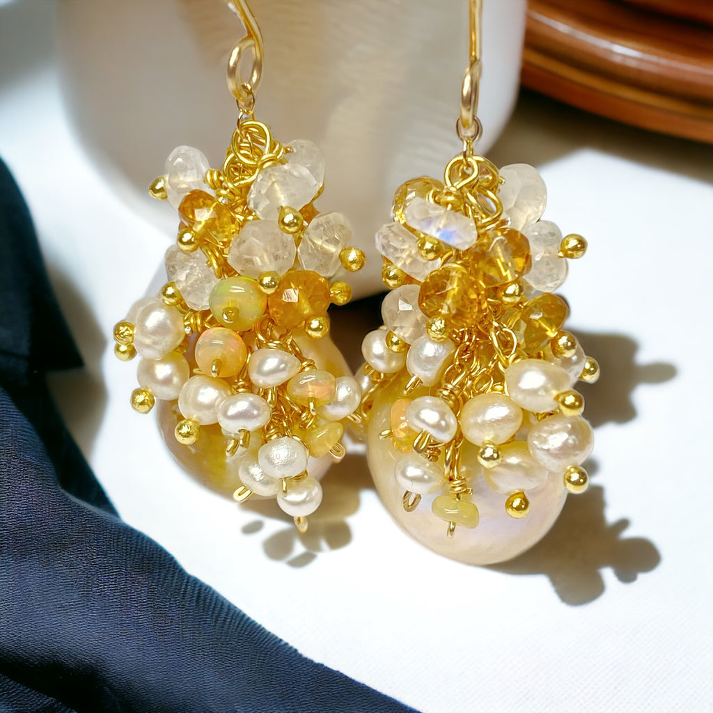 Baroque Pond Slime Pearl Cluster Earring with Citrine, Opal, Moonstone