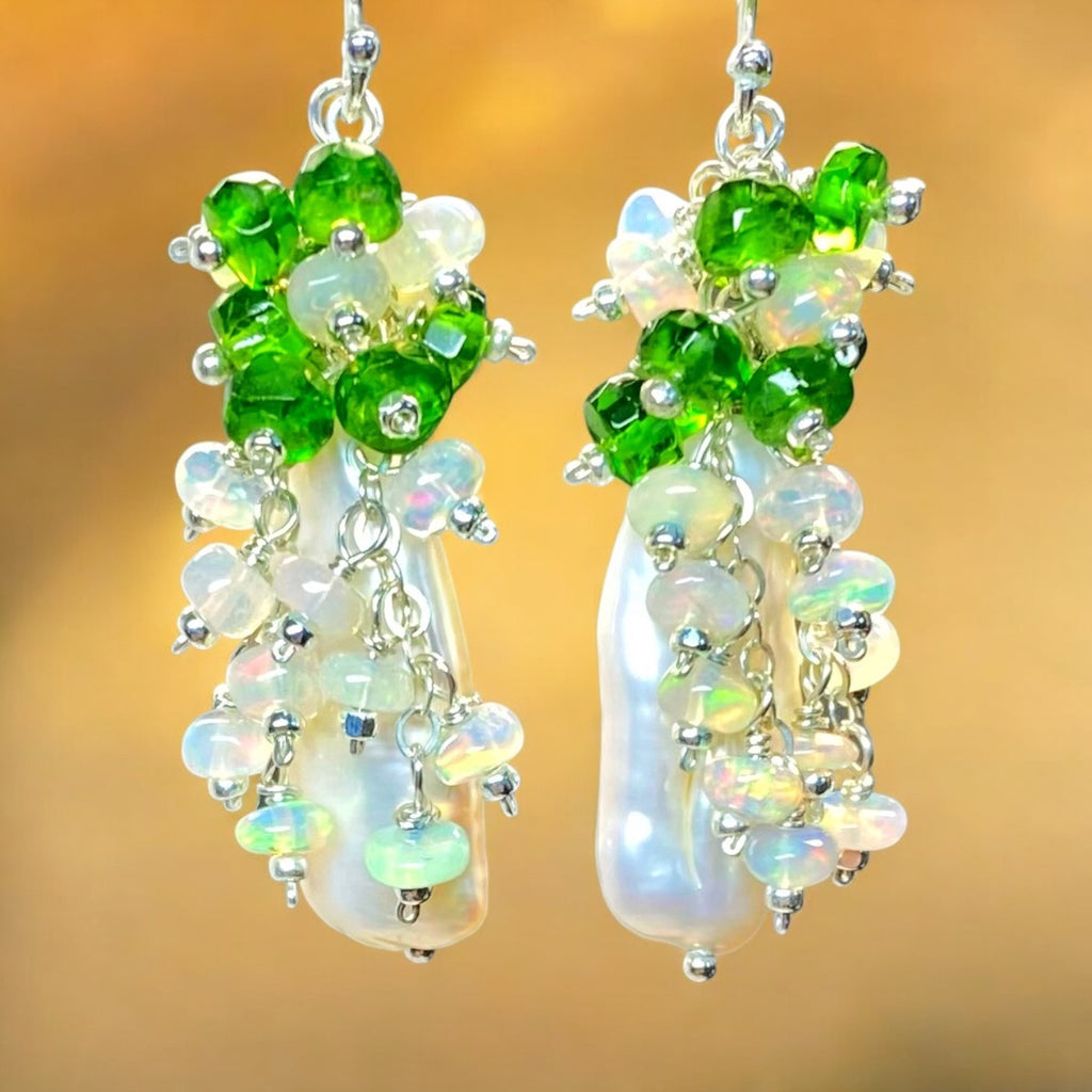 White Biwa Pearl with Chrome Diopside, Opal Clusters, Sterling Silver