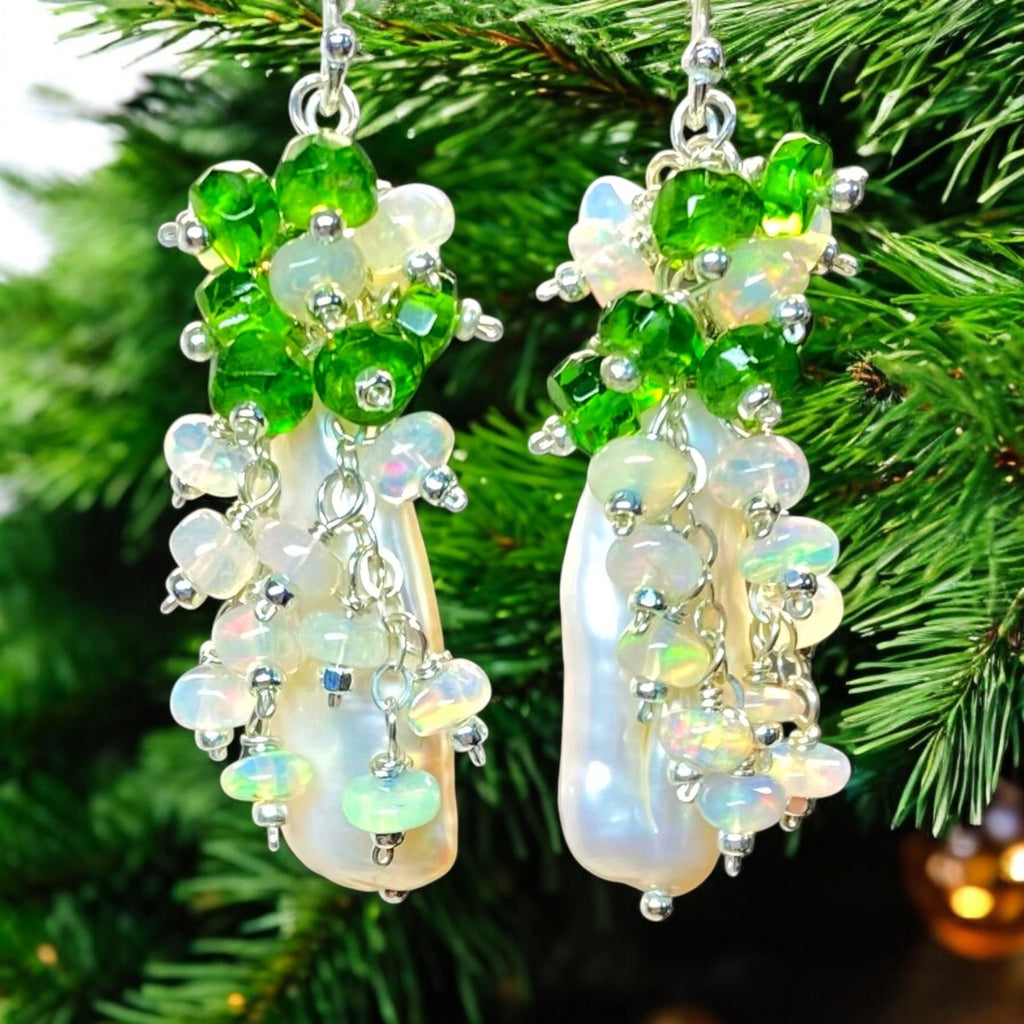 White Biwa Pearl with Chrome Diopside, Opal Clusters, Sterling Silver