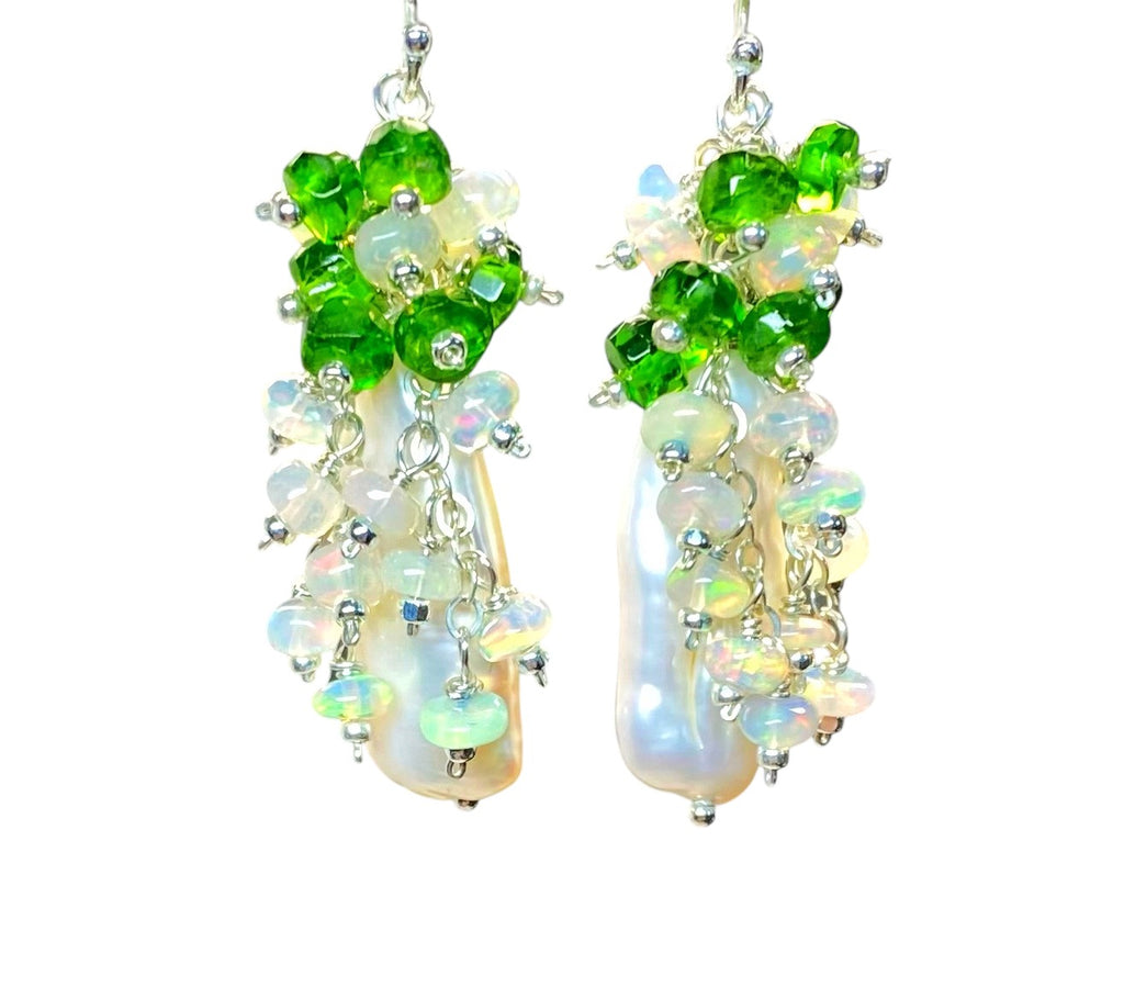 White Biwa Pearl with Chrome Diopside, Opal Clusters, Sterling Silver