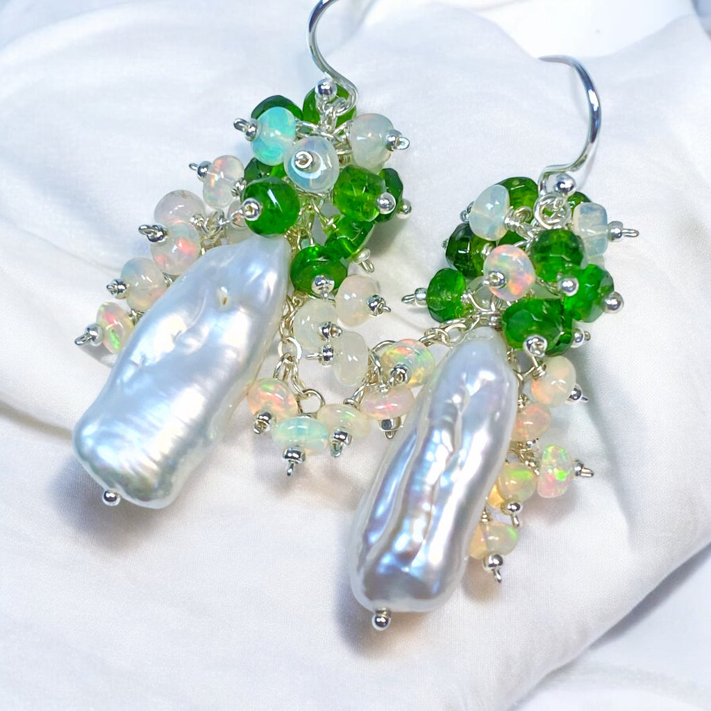 White Biwa Pearl with Chrome Diopside, Opal Clusters, Sterling Silver