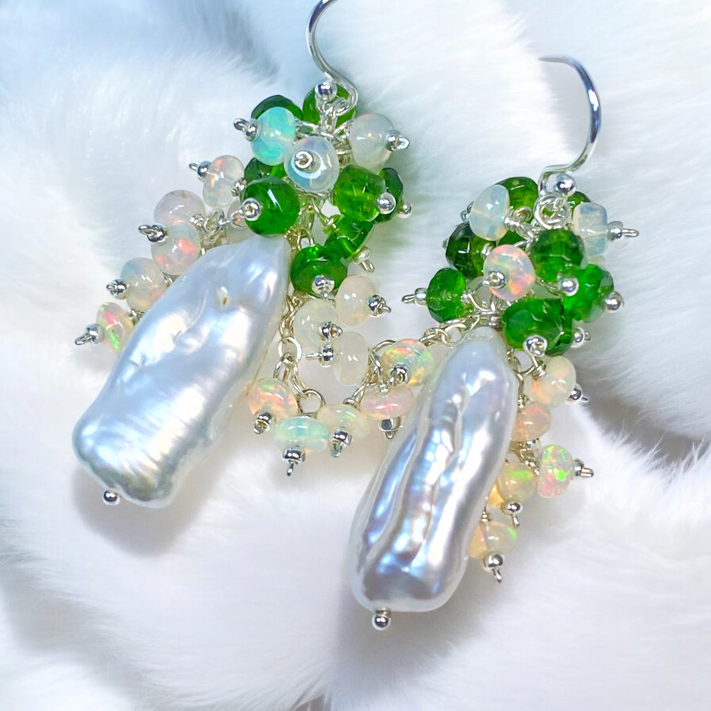 White Biwa Pearl with Chrome Diopside, Opal Clusters, Sterling Silver