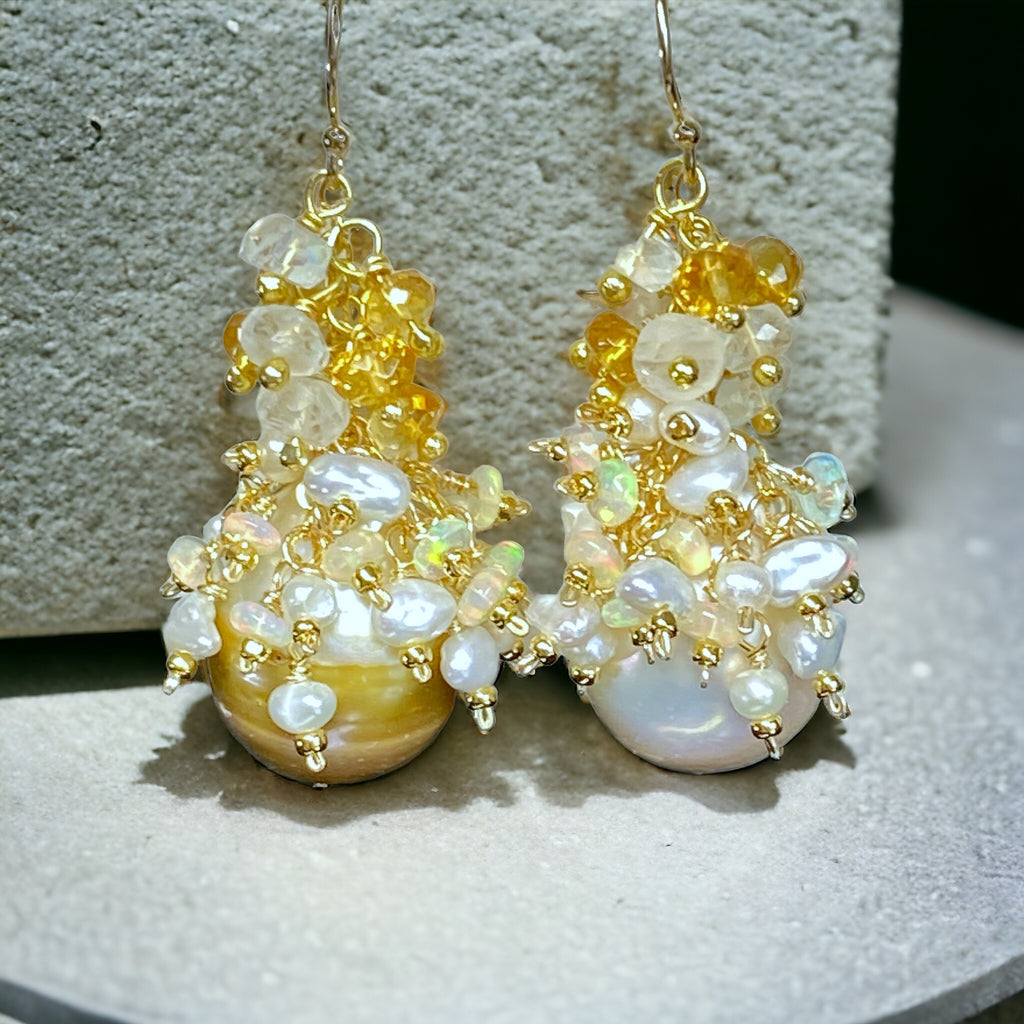 Baroque Gold and White Pearl Cluster Earring with Citrine, Opal, Moonstone 2