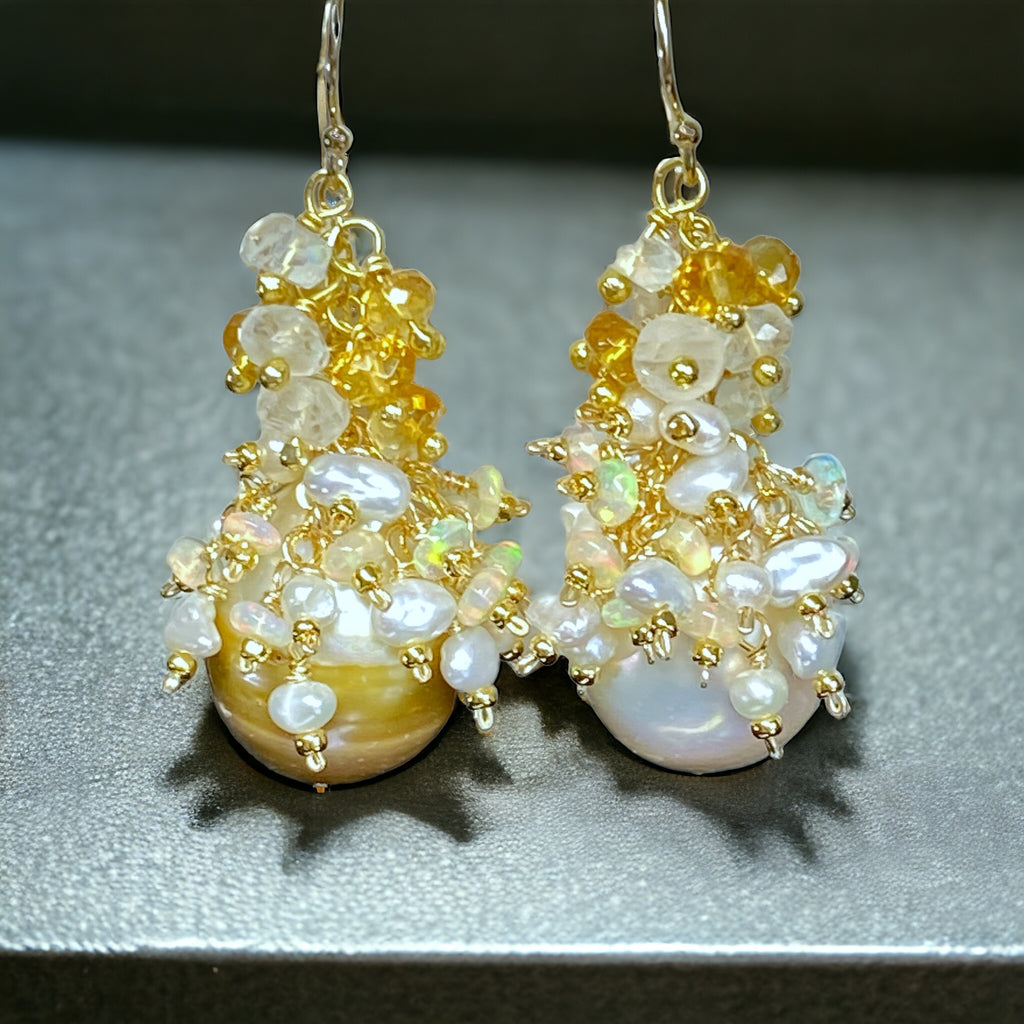 Baroque Gold and White Pearl Cluster Earring with Citrine, Opal, Moonstone 2