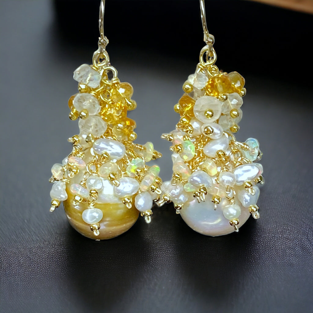 Baroque Gold and White Pearl Cluster Earring with Citrine, Opal, Moonstone 2