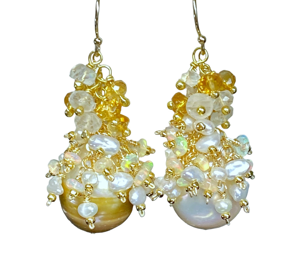 Baroque Gold and White Pearl Cluster Earring with Citrine, Opal, Moonstone 2