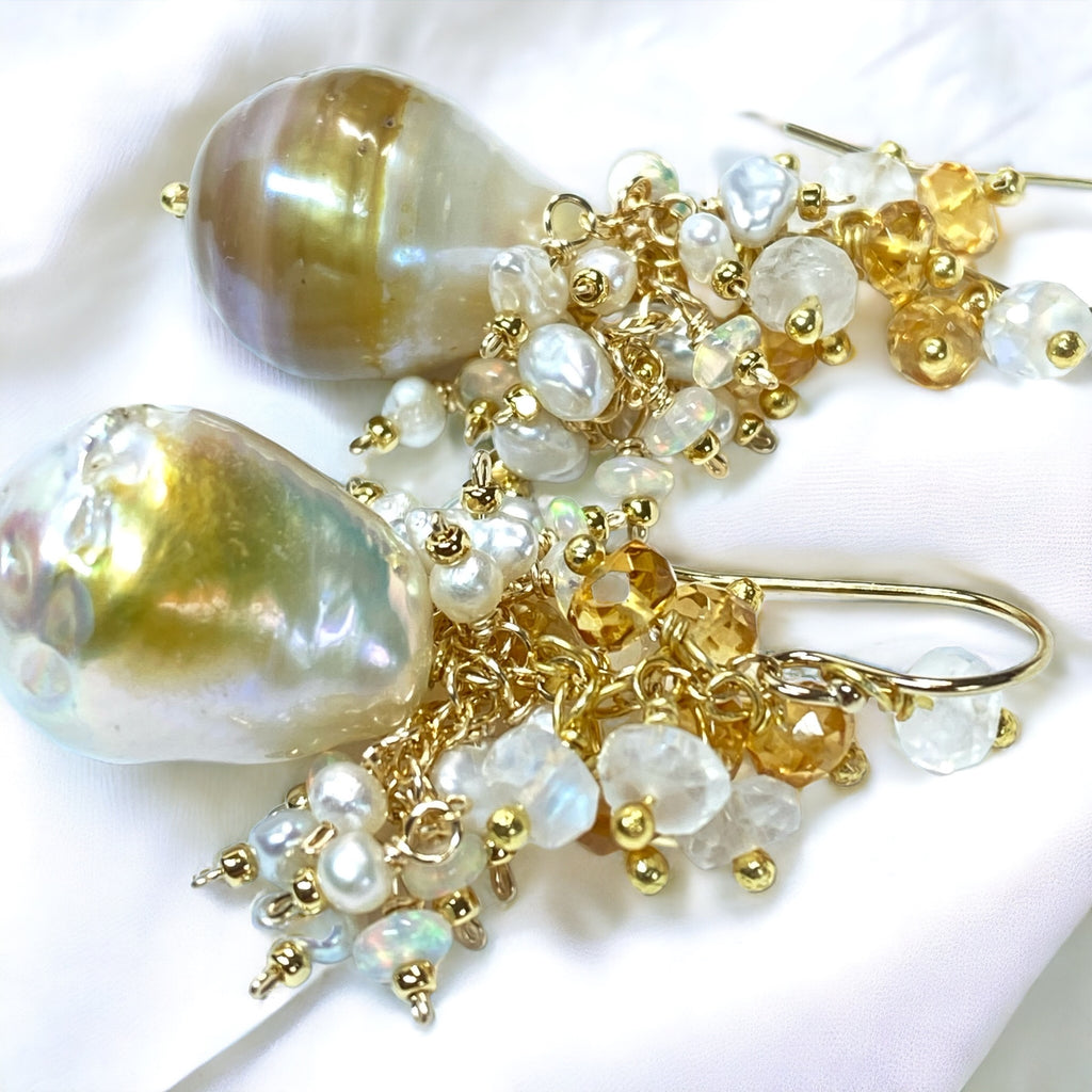 Baroque Gold and White Pearl Cluster Earring with Citrine, Opal, Moonstone 2