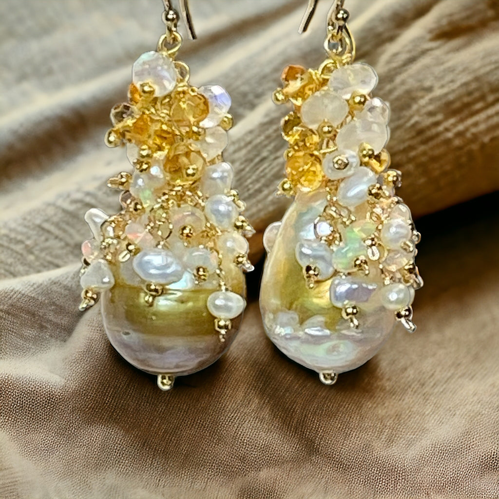 Baroque Gold and White Pearl Cluster Earring with Citrine, Opal, Moonstone 2