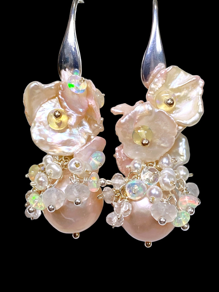 Pink Pearl Blush Keishi and Opal Cluster Earrings in Sterling Silver