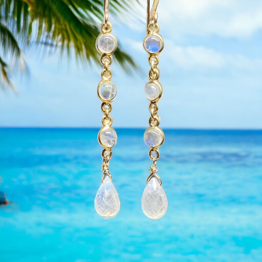 Rainbow Moonstone Teardrop Triple Dangle Earrings Gold Fill