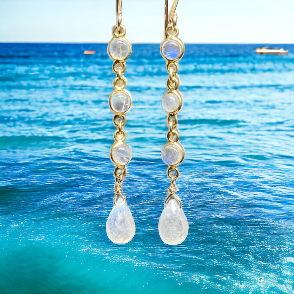 Rainbow Moonstone Teardrop Triple Dangle Earrings Gold Fill