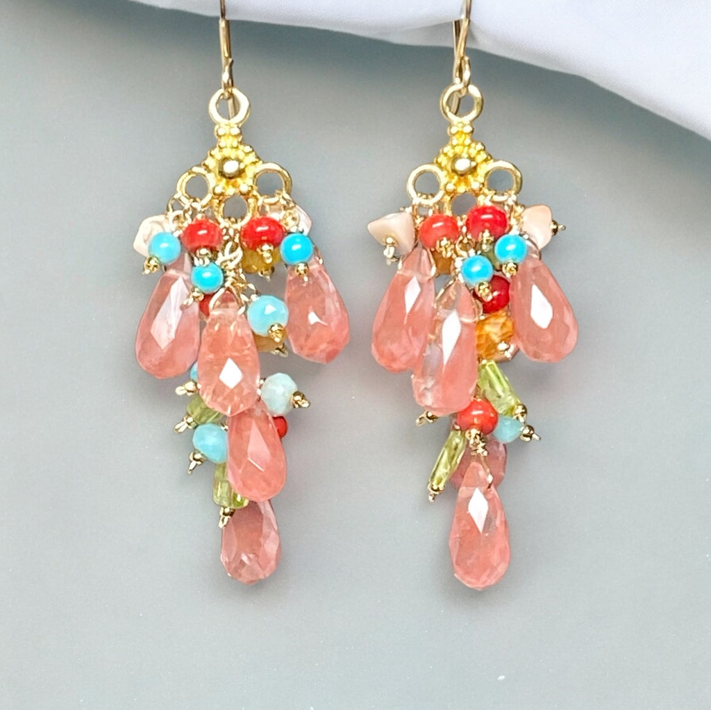 Pink Cherry Quartz and Multicolor Gemstone Long Dangle Chandelier Earrings