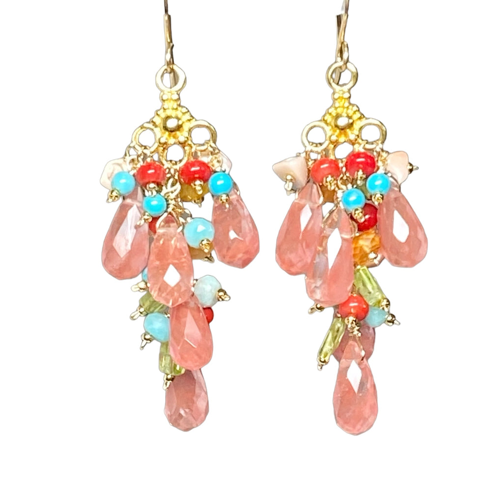 Pink Cherry Quartz and Multicolor Gemstone Long Dangle Chandelier Earrings