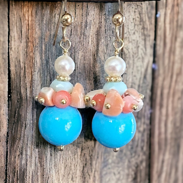 Turquoise, Coral and Pearl Summer Drop Dangle Earrings - Doolittle