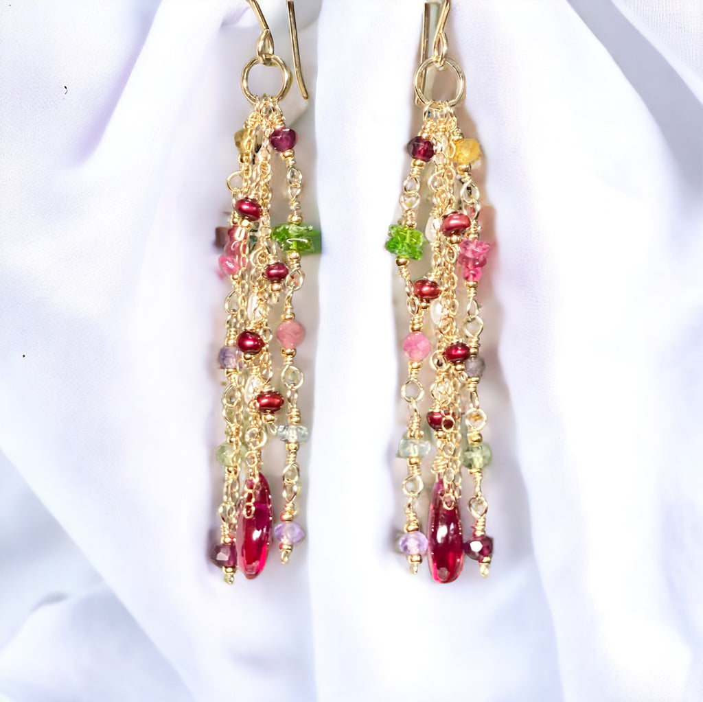 Rubellite and Multi Gemstone Dangle Earrings Tassel Style Gold Fill