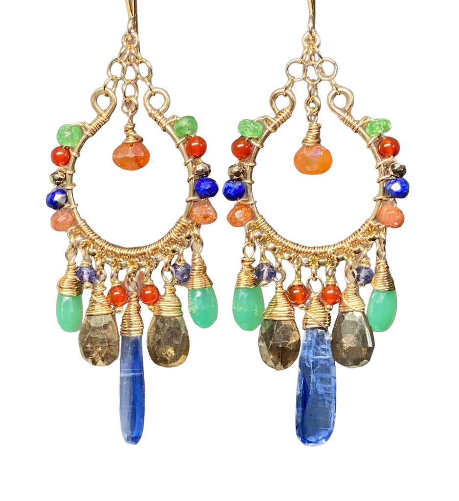 colorful gemstone chandelier earrings gold fill kyanite carnelian chrysoprase blue lapis