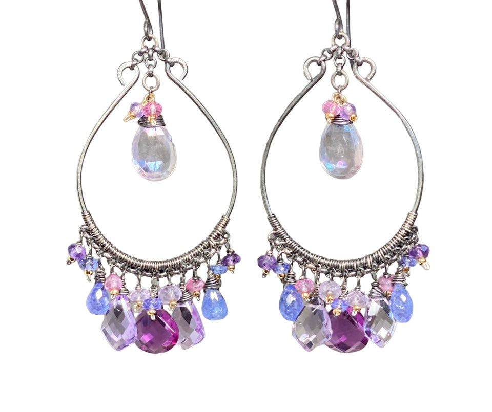 Blue Violet Statement Chandelier Hoop Earrings, Oxidized Silver