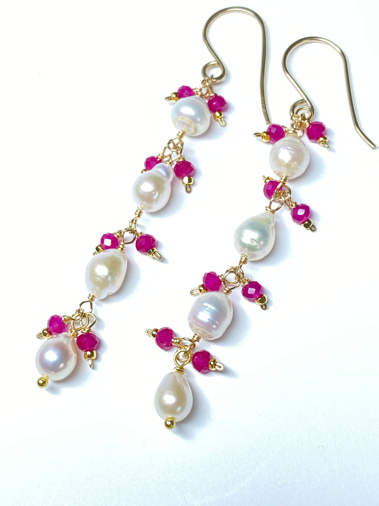 Ruby and Pearl Long Dainty Earrings Gold Fill