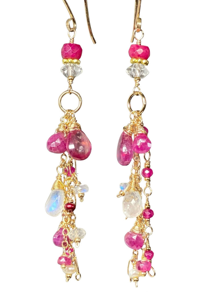 Red Ruby, Pink Sapphire Long Boho Dangle Earrings in Gold Fill with Moonstone