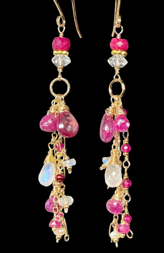 Red Ruby, Pink Sapphire Long Boho Dangle Earrings in Gold Fill with Moonstone