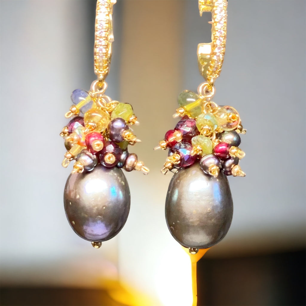 Grey pearl cluster earrings with garnet, red pearls, vesuvianite, citrine, opals and more