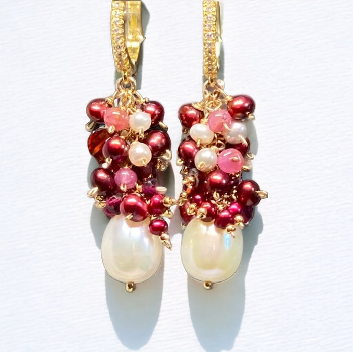 Pearl Earrings with Clusters of Garnet, Pink Sapphire and Red Pearls