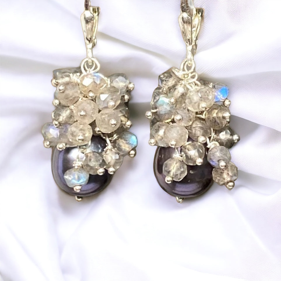 Black Pearl Labradorite Cluster Earrings in Sterling Silver