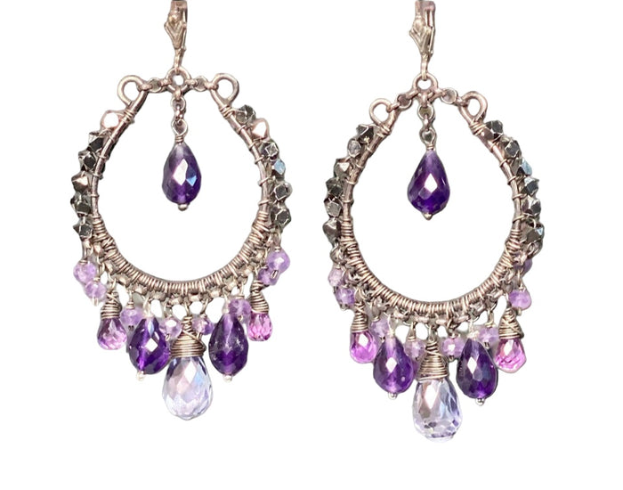 Boho Hoop Earrings Oxidized Sterling Silver Blue Violet Gemstones