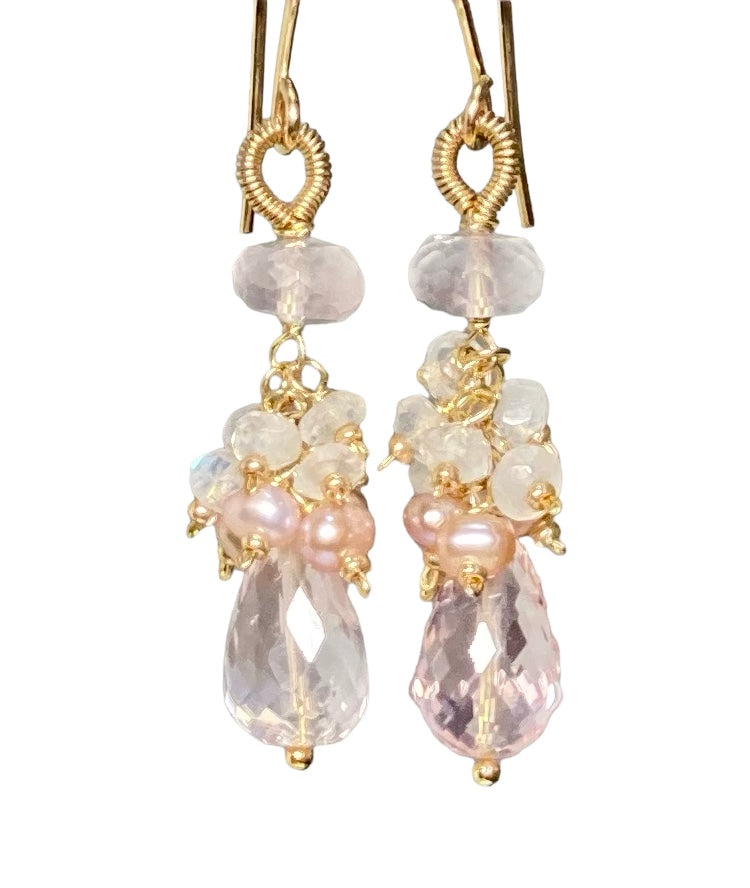 Pink Rose Quartz Briolette Pink Pearl Cluster Earrings Gold Fill