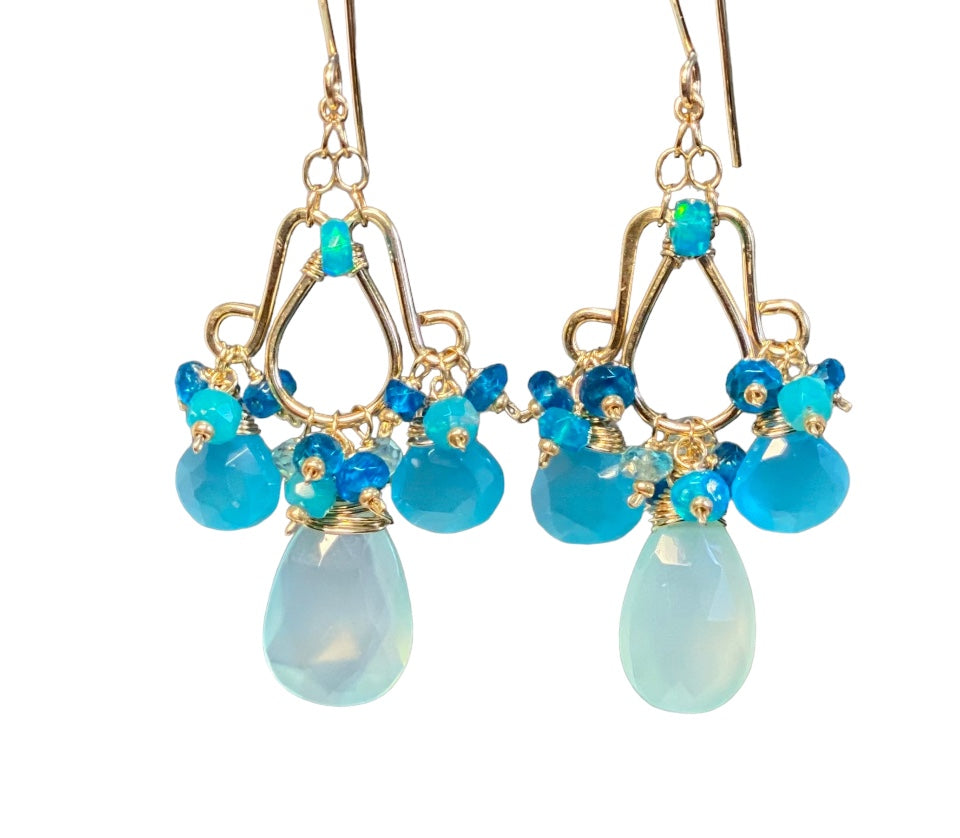 Aqua Blue Gemstone Chandelier Earrings Statement Gold Fill