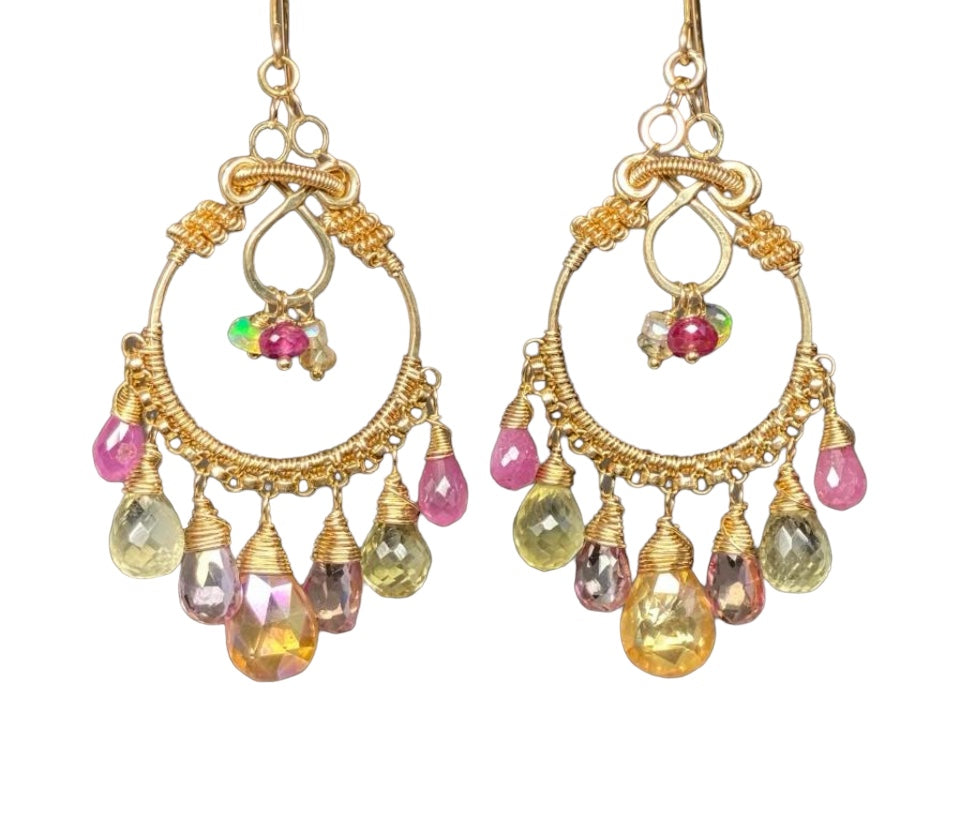 Gemstone Hoop Chandelier Earrings Gold Pastel Pink Topaz & Sapphire