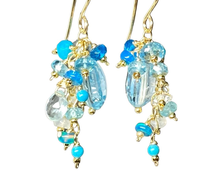Blue Topaz Dangle Earrings with Multi Gemstone Cluster, Opal, Apatite, Herkimer Diamonds