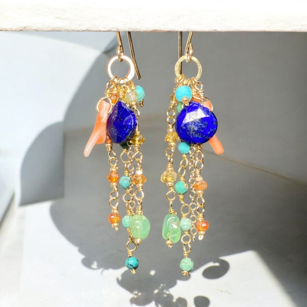 Blue Lapis Dangle Earrings Boho Style with Coral, Chrysoprase, Turquoise, Carnelian Gold Fill