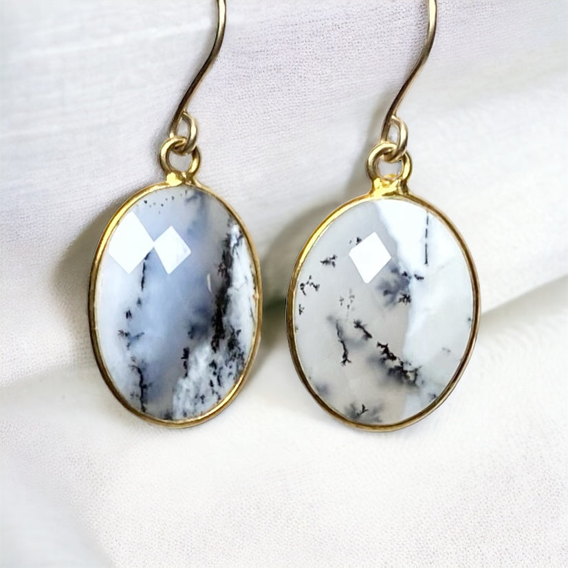 Dendritic Opal Earrings and Pendant Jewelry Set Gold Fill