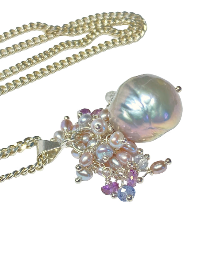 Silver Grey Baroque Pearl Cluster Pendant in Sterling Silver
